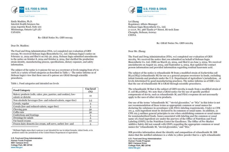 FDA letters (Oct 2024) on GRAS notices: left for D-psicose (GRN 001193, Sichuan Ingia/Intertek) with use levels; right for Rebaudioside M (GRN 001184, Sichuan Ingia) with labeling concerns