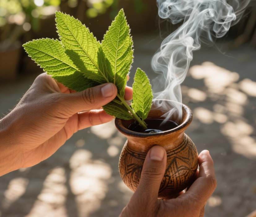 stevia leaves into a traditional South American gourd cup filled with mate tea